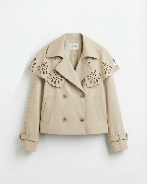 Chaqueta Trench corta con cuello calado floral