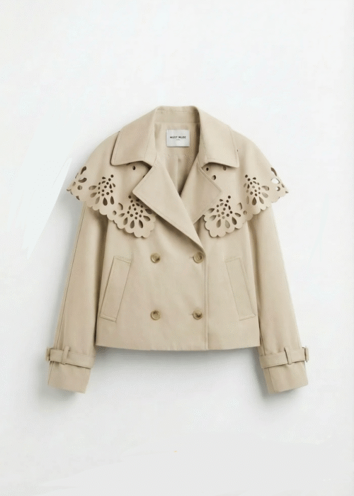 Chaqueta Trench corta con cuello calado floral